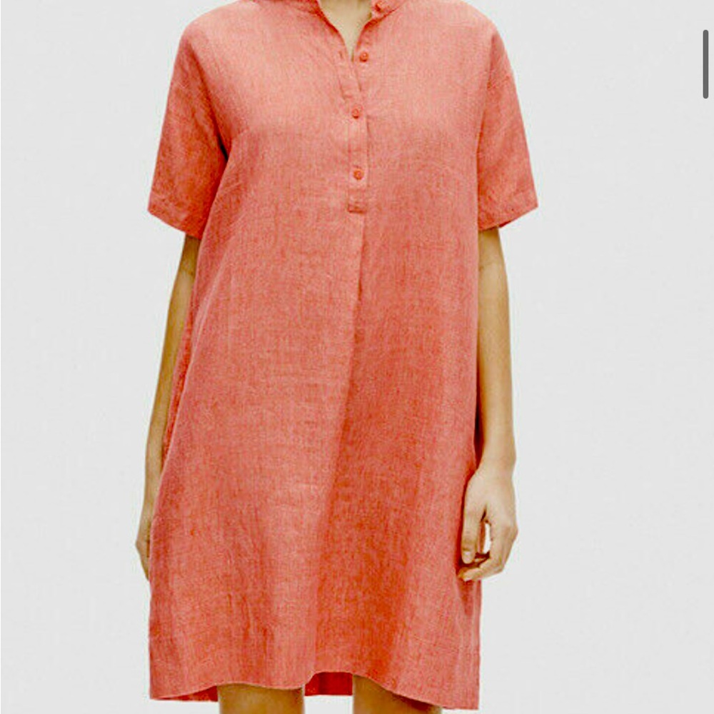 NWT Eileen Fisher Mandarin Collar Dress in Coral Linen